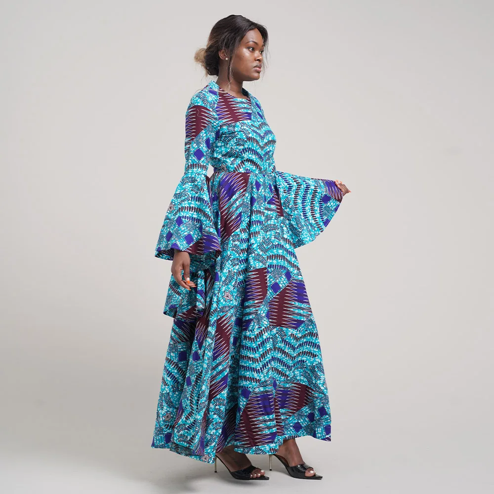 Elegent Fashion Style Spring African Print Kitenge Designs Traditional Dress Plus Size Casual Long Sleeve African Women Dresses