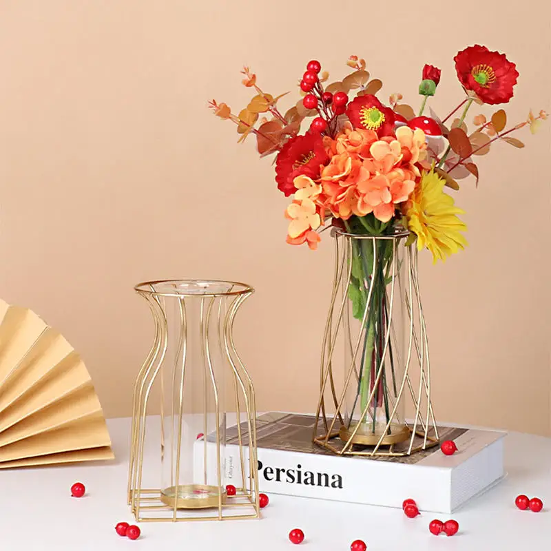 Wholesale Hot Sale Metal Frame luxury flower vase home decoration nordic style glass flower vases