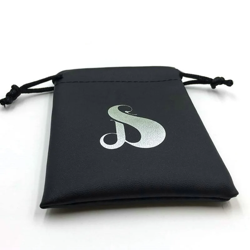 Online wholesaler Black Faux drawstring leather small pouch with embossed Logo