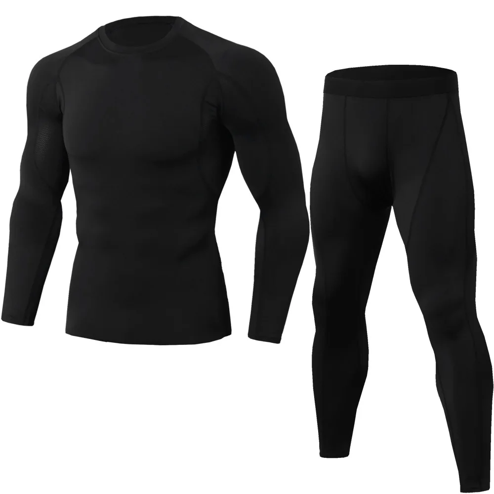 Training Bodybuilding Sport 2 Piece Pants Compression Pants Long-Sleeve T-Shirt Compression Short Tights Men Set