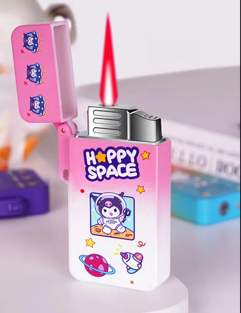 Portable Creative Case Cartoon Kuromi Lighter Flash Light Windproof Refillable gas Lighter