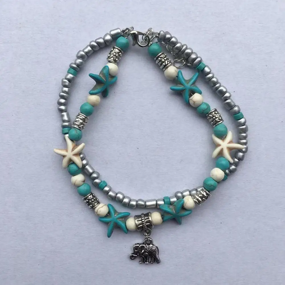 Starfish Multilayer Charm Anklet Beads Sea Handmade Boho Elephant Tree of Life Anklet Foot Jewelry for Women
