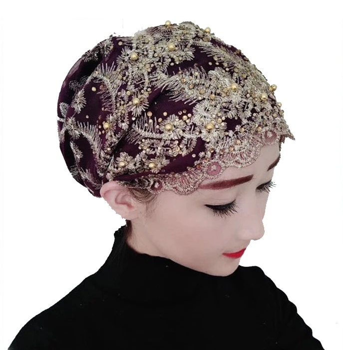 Hot sale gauze kerchief Head Cove spun gold embroider Bonnet Hijab Turbans for Women Muslim Inner Turbante beading Hat
