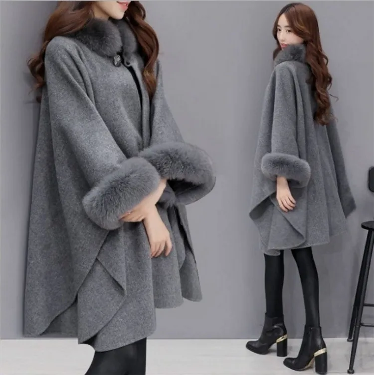 YQ175 free shipping New Winter Womens Parka Casual Wool Coat Women Fur Coats Woman Clothes Cloak Shawl Poncho Jacket