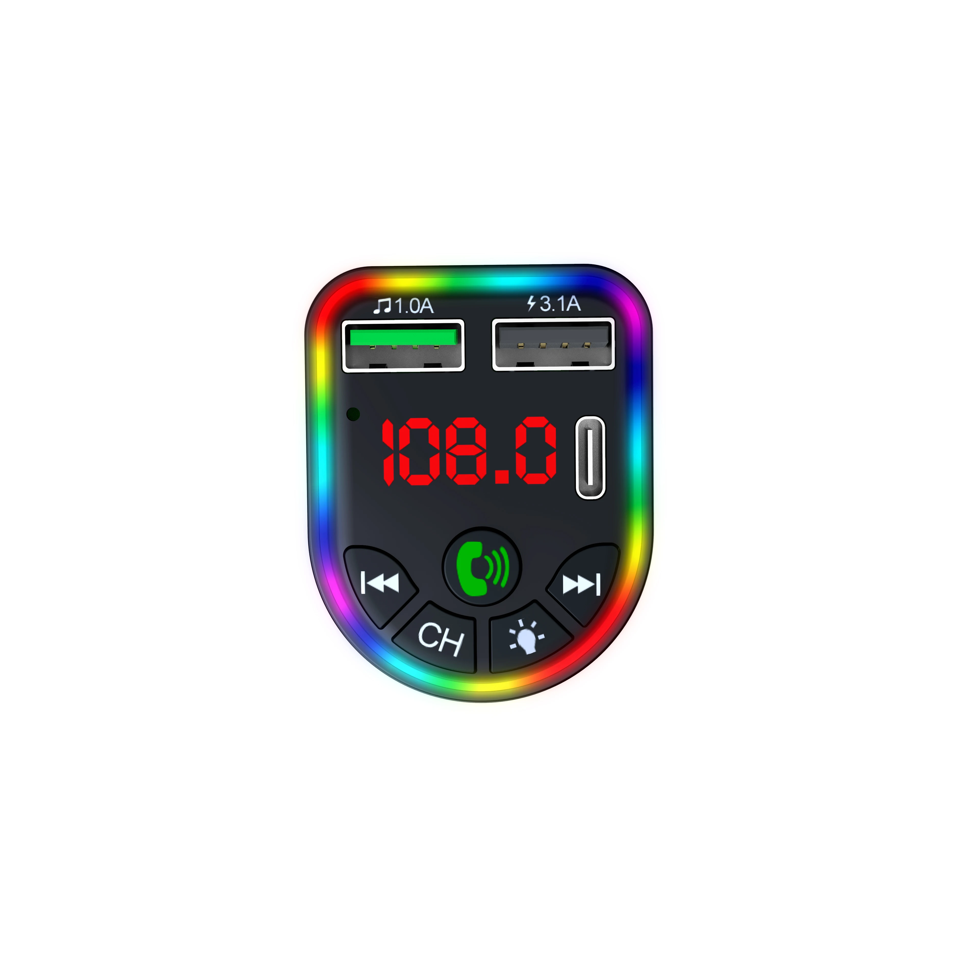 2024 hot selling handfree car kit 2 usb ports charger car FM transmitter with  7 colors LED backlit lights MP3 player