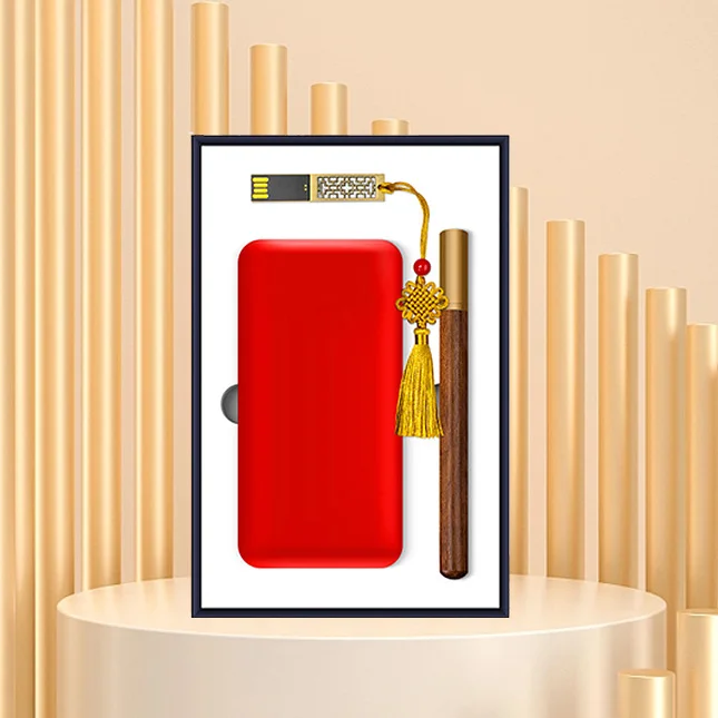 2 in 1 New accessory idea power bank classic brass wood pen teacher gift set