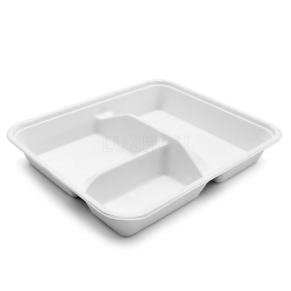3 Compartment 9.3 Inch Sturdy Microwave Safe Eco Bagasse Disposable Divided Paper Food Tray Biodegradable with Lid