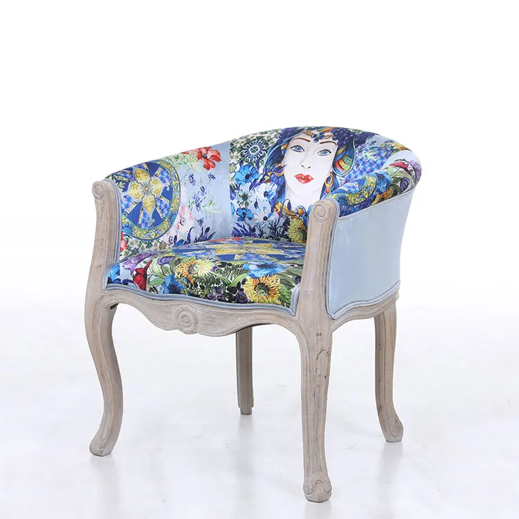 Wholesale Blue Velvet Digital Printing Velvet Cheap Lounge Arm Wooden Leisure Chair