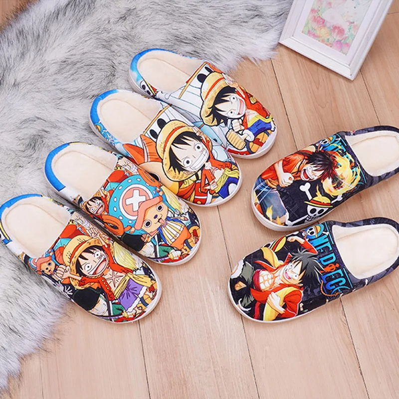 Dropship Winter Men Women House Slippers One Piece Cosplay Anime Shoes Luffy Warm Kawaii Shoes Cartoon Woman Home Furry Slippers
