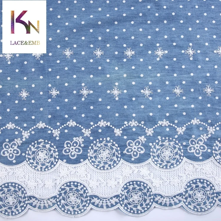 
Creative desgin dot circle blue embroidered 100 cotton denim fabric for skirt making 