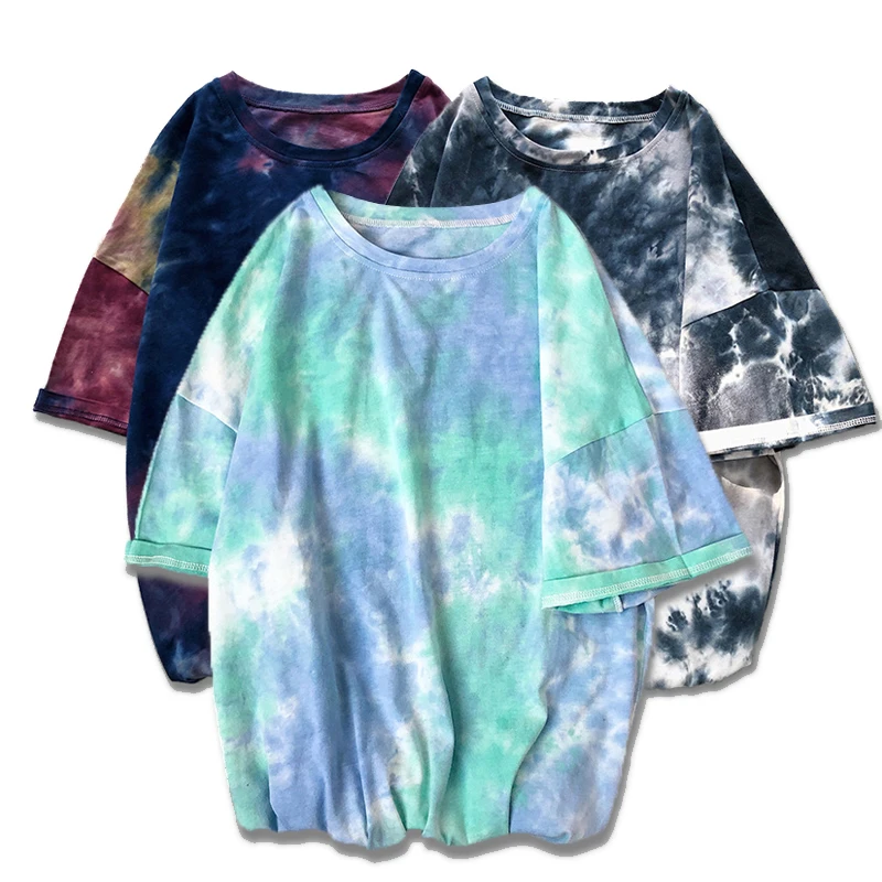 
Hip-hop College O-neck Harajuku Men Streetwear Loose Tie Dye Casual Gradient Color T Shirt 