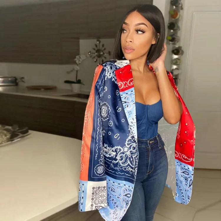 
Bandana Paisley Print Women Blazer Autumn Long Sleeve Turn Down Collar Single Breasted Office Lady Vintage Trench Coats 