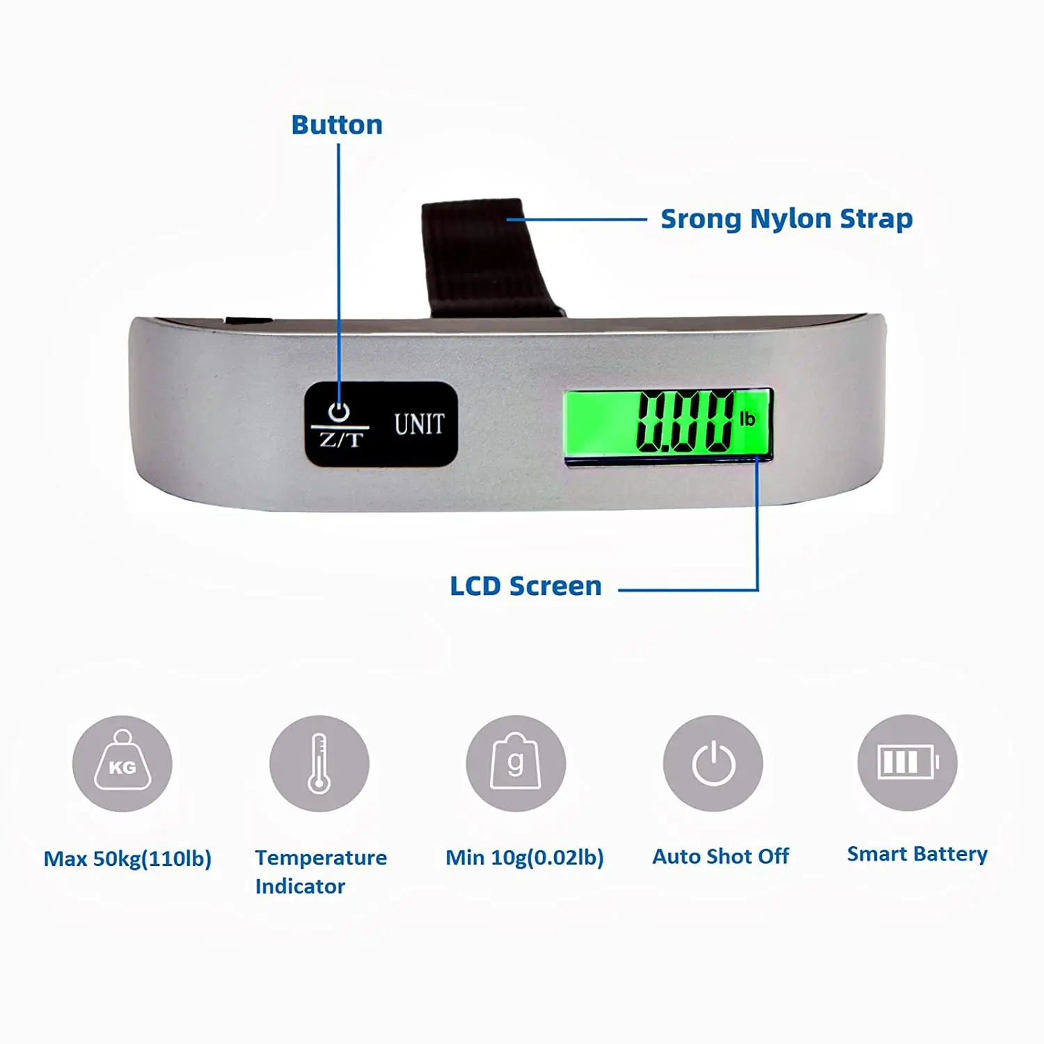 Portable 50kg Smart Luggage Scales Hand Scales with Hook and Belt T Shape Scale for Travel