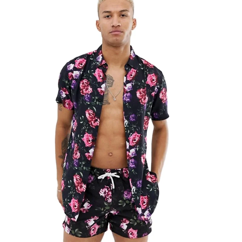 KY Rose custom print Point collar Button placket short sleeve button up shirt men and mens beach shorts