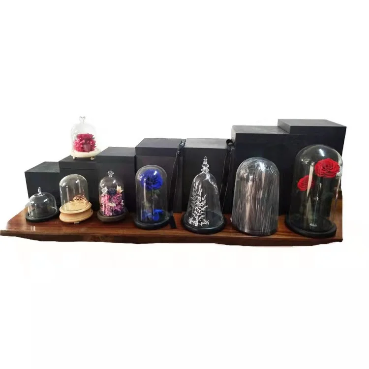 High Borosilicate Customization Galaxy Rainbow Rose In Glass Dome Led Bell With Black Wooden Base