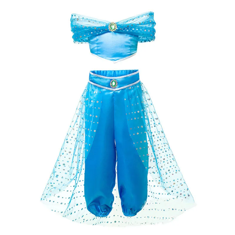 Children Halloween Birthday Summer Clothes 2 Piece Set Outfit Jasmine Dress for Girl Carnival Arabian Princess Fancy Costume