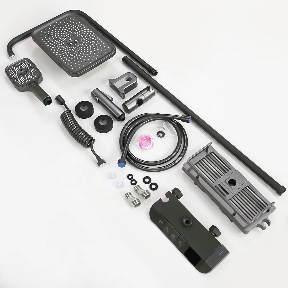 Gun Gray Square Shower Head 3 Modes Handheld Sprayer Brass Piano Shower Set Thermostat Shower System Faucet Set With Tub Spout