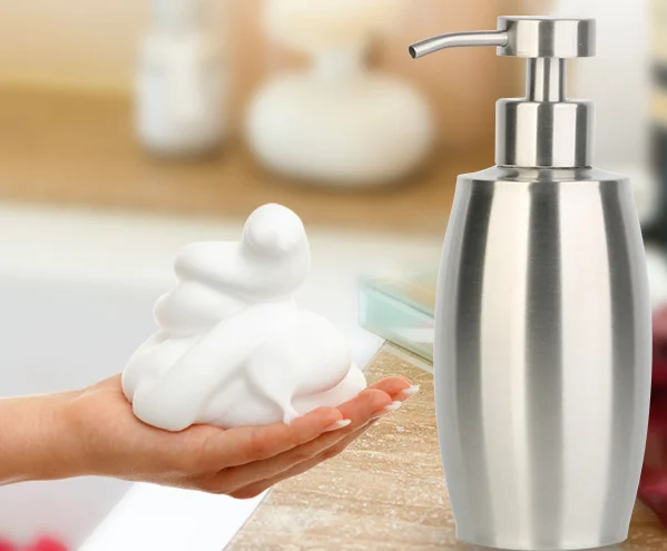 Unique Shape Stainless Steel Foam Pump Bottle,Refillable Foaming Soap Dispensers for Bathroom & Kitchen