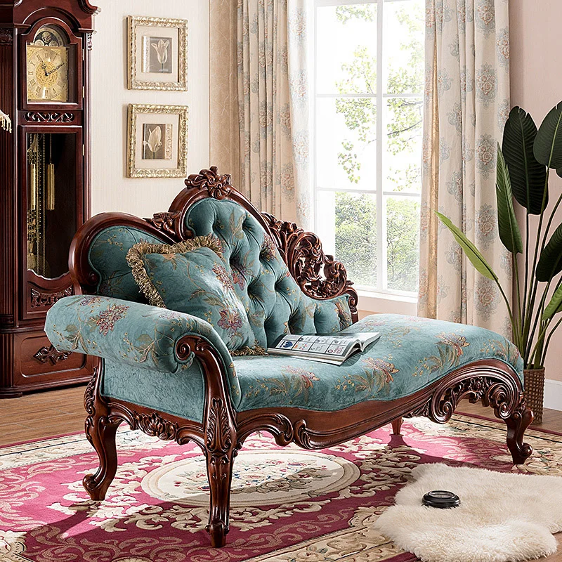 OEM European Style Living Room Chairs Wooden Leather Antique Chaise Lounge Sofa Bench Chair
