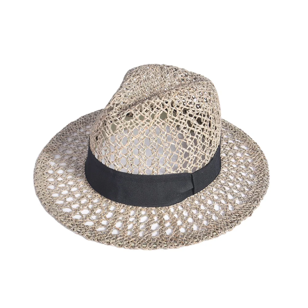 New Design Seagrass Straw Hat Fashion Hollow Wide-Brim Breathable Natural Panama Ribbon Material for Sports Applications