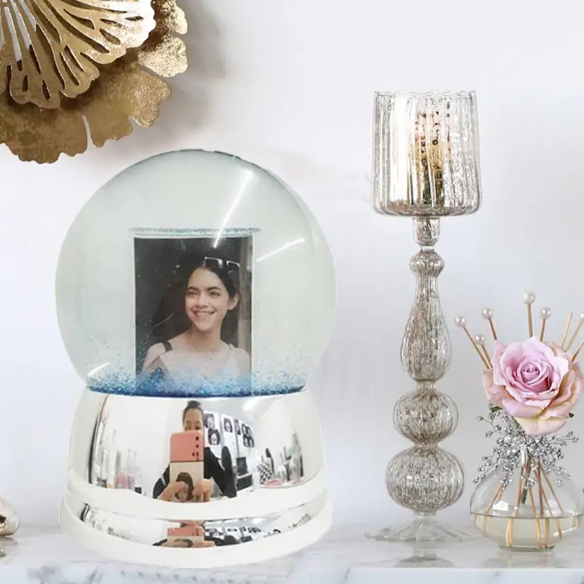 100mm Resin Glass Musical Led Snowglobes Custom Plastic Picture Insert Glitter Photo Frame Snow Globe