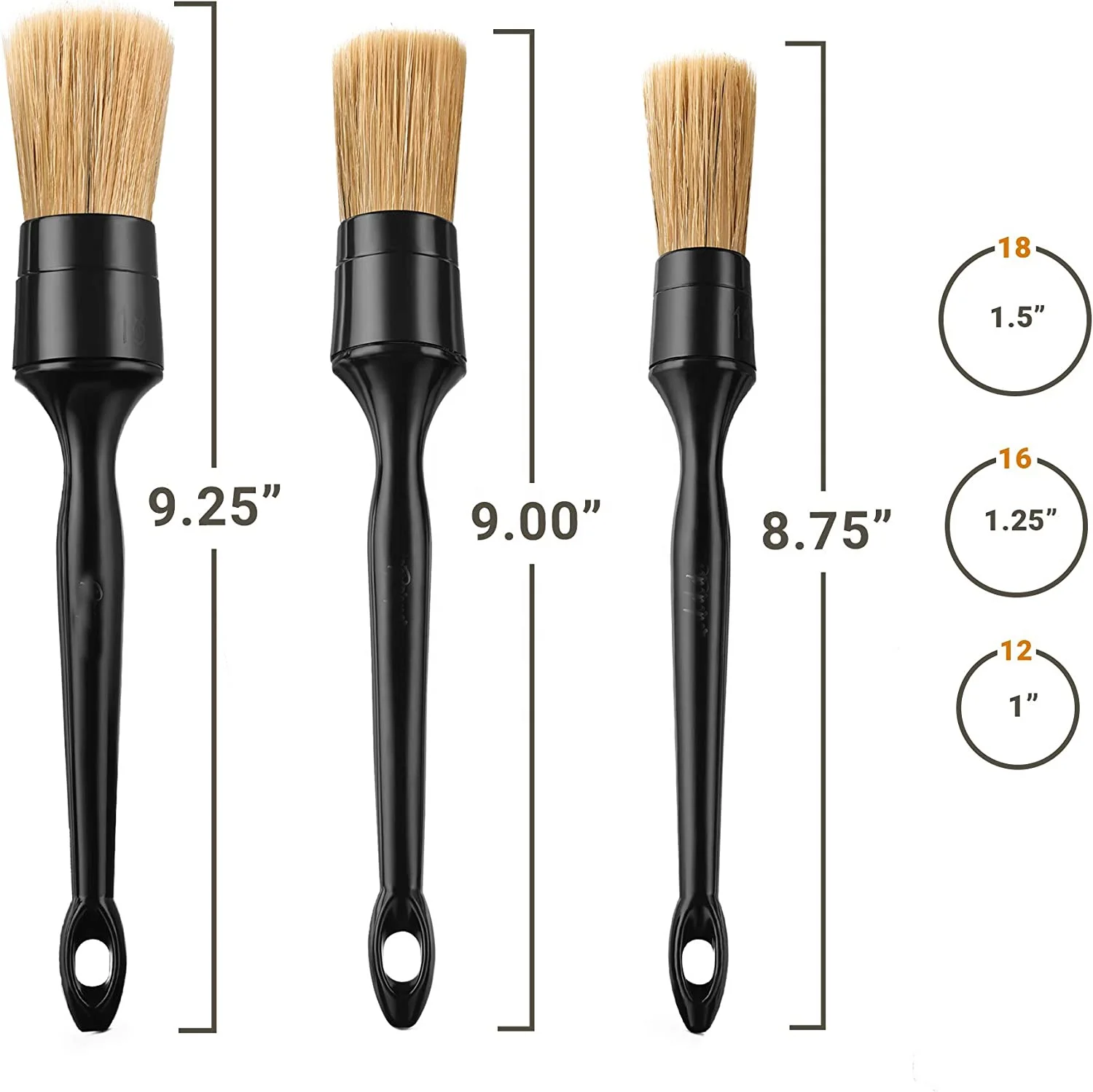 Black 3-Piece Set Cleaning Detail Brush Kit Car Care Detailing Brush natural boar hair Car Washing Wash Brushes