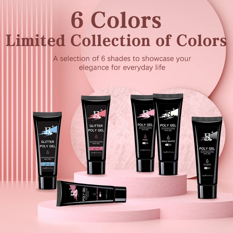 HS Custom Logo 6-Color UV Poly Nail Gel Extension Kit 15ml for Art Salon DIY OEM/ODM Services Available