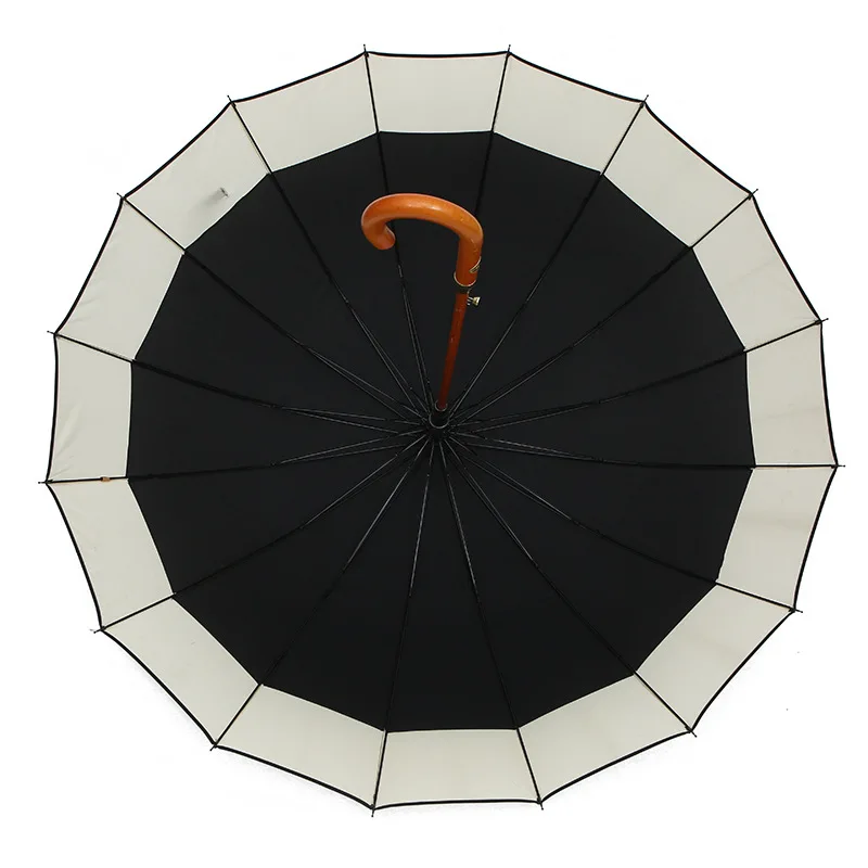 Wholesale big size 25 inch 16 ribs wooden shaft wooden handle straight umbrella with connected edge
