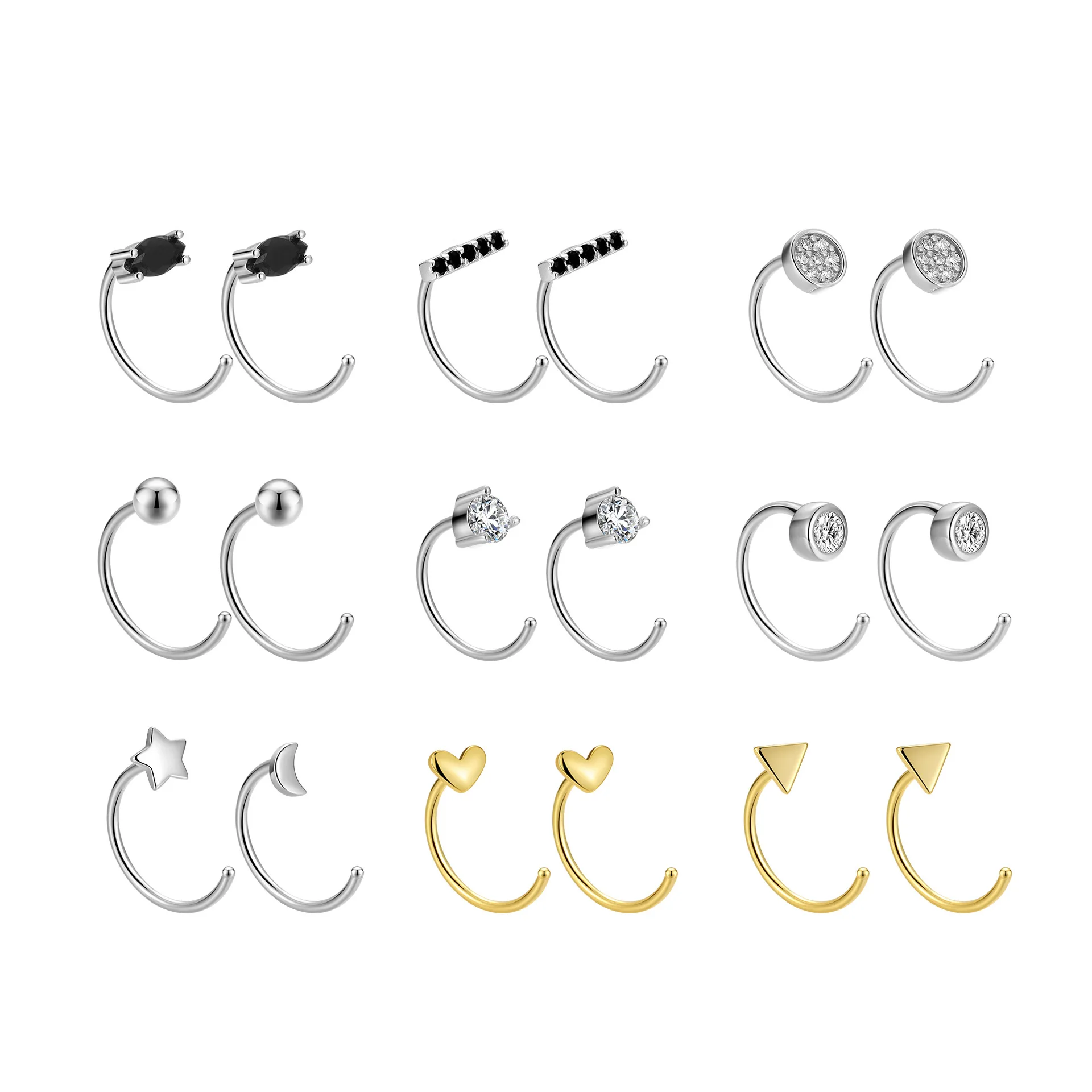 Wholesale 925 Sterling Silver Piercing nose rings and ear hooks round star moon horse eye fashion jewelry