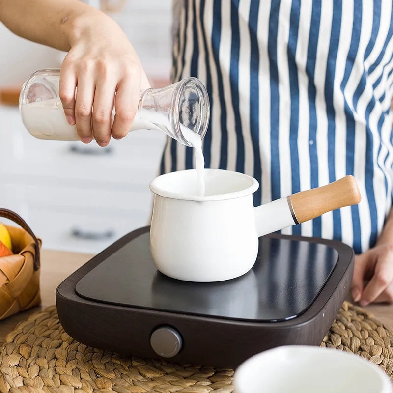 500ml Mini Enamel Coffee Milk Pot With Wooden Handle Saucepan Cookware For Baby Breakfast Oatmeal Cooking Gas Stove Induction