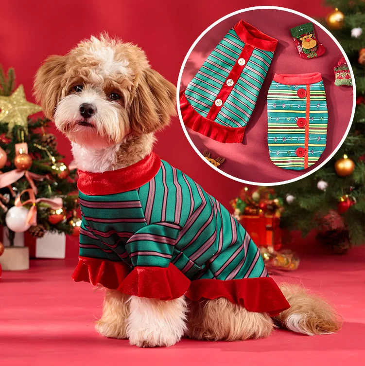 2024 Christmas Clothes for Dog Costume Pet Dog Hoodie Winter Warm dress  Stripe Pattern Fashion Pet Cloth