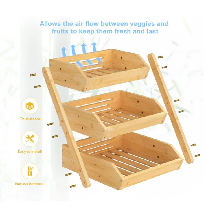 Kitchen Counter Vegetable Storage Organizer Stand Wooden Plate 3 Tier Fruit Holder Bamboo Fruit Basket