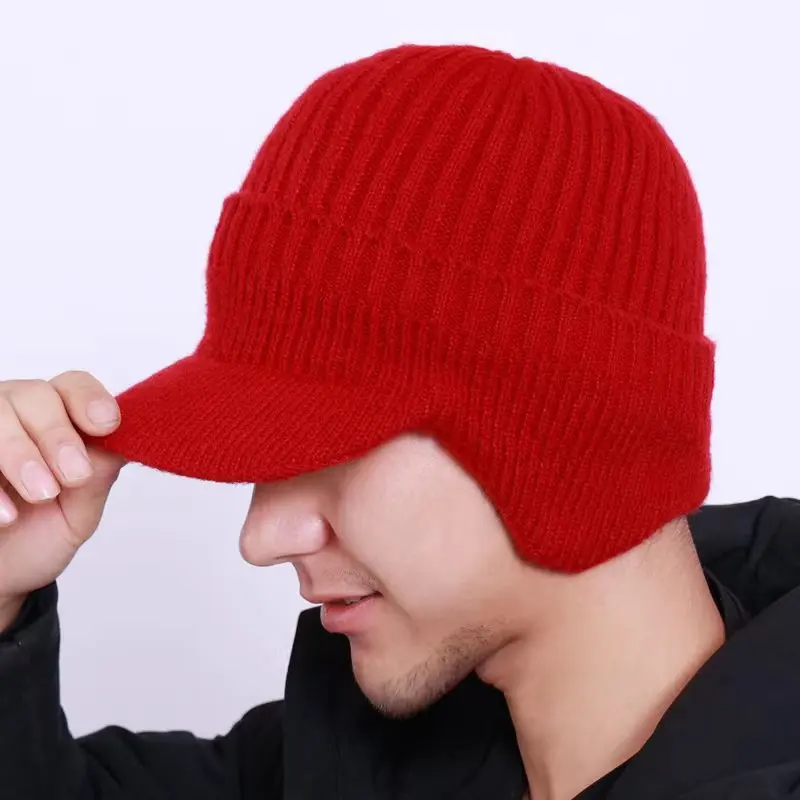 Mens Outdoor Hat Winter Warm Thick Knit Beanie Hat with Visor Beanie with Brim