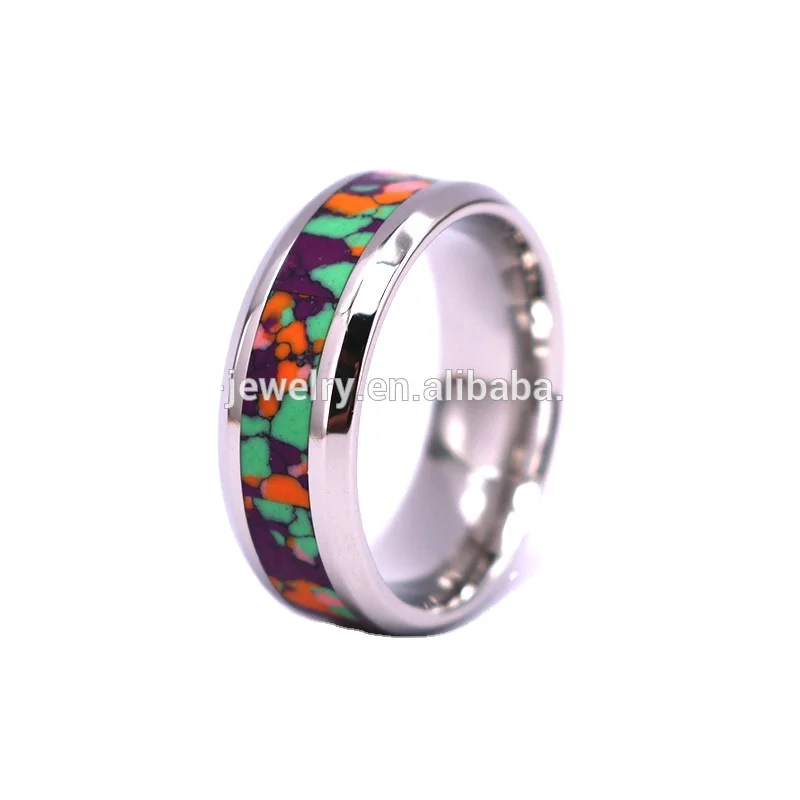 Colorful Opal Inlay Tungsten Wedding Ring, Multi Color Opal Stone Mens Rings Tungsten