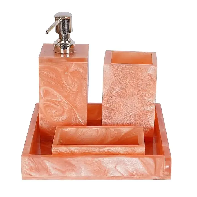 Глянцевая мраморная Смола Розовый набор для ванной комнаты Мандариновый премиум дизайн из 4 дозаторов мыла и лотка по низкой цене