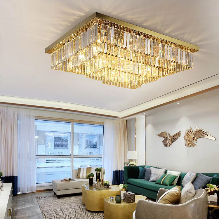 High Ceiling Lighting a Luxury Rectangular Crystal Ceiling Lamp for Bedroom Living Room Dining Room Gold Lustre