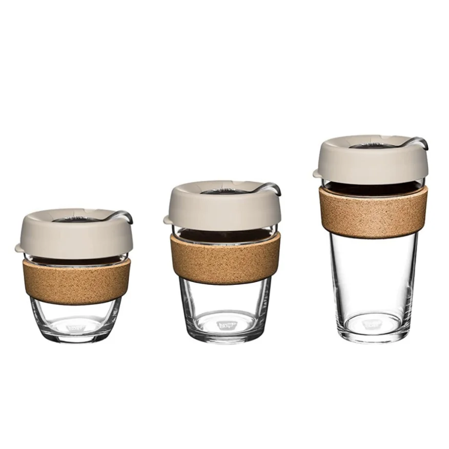 Eco Friendly Reusable Heat Resistant 250ml 350ml 450ml Glass Coffee Cup Mug with Silicone Lid Cap Cork Band