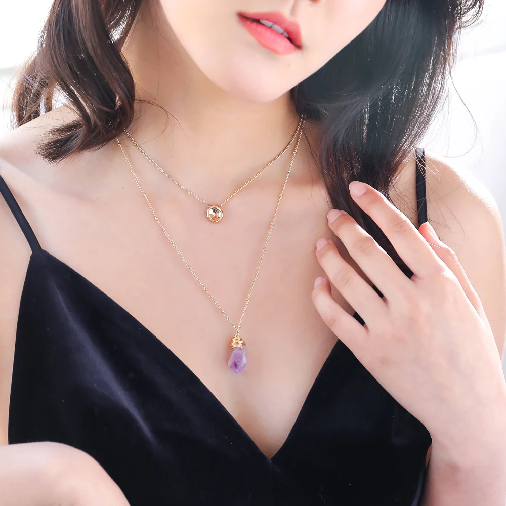  Богемное колье драгоценный камень кристалл ожерелье с кулоном 18K позолоченный и украшениями в виде цепочек кругов из бисера многослойное розовый кварц ювелирные изделия для