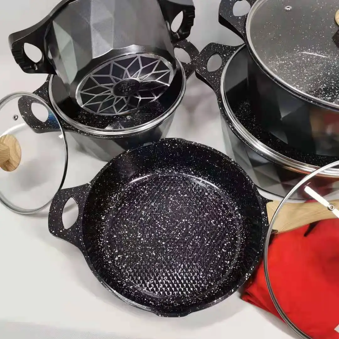 Non Stick Cookware Customized Kitchen Aluminum Pot Die Casting Wok Medical stone Gift Set 12 Pieces Cookware Pans And Pots Set