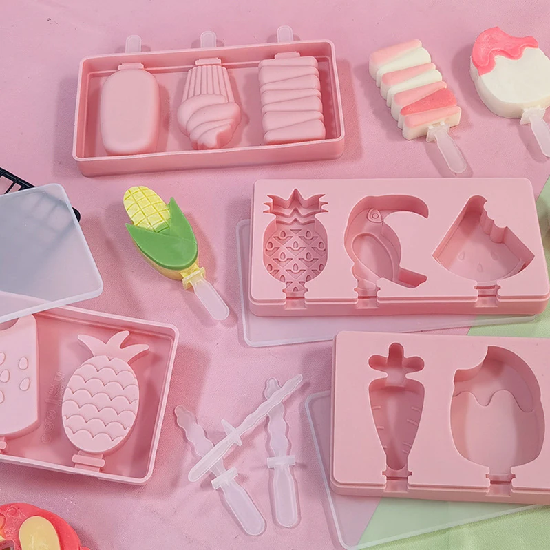 4 Cavities Silicone Freezer Ice Cream Mold Candy Bar Making Tool Juice Popsicle Molds Children Pop Lolly Tray Ice Cube Maker/