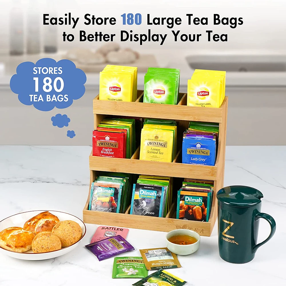 Kitchen Bamboo 3 Layer Tea Bag Organizer Storage Holder