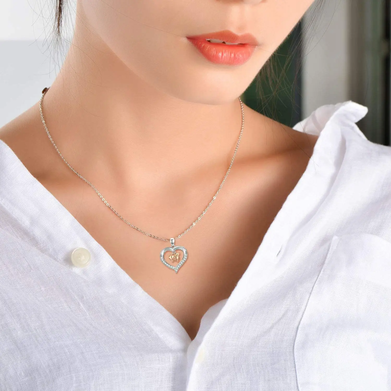 925 Sterling Silver Cute Animal Heart Pendant Necklace Rose Gold Pig with Zircon Women Girls Birthday Gift Jewelry