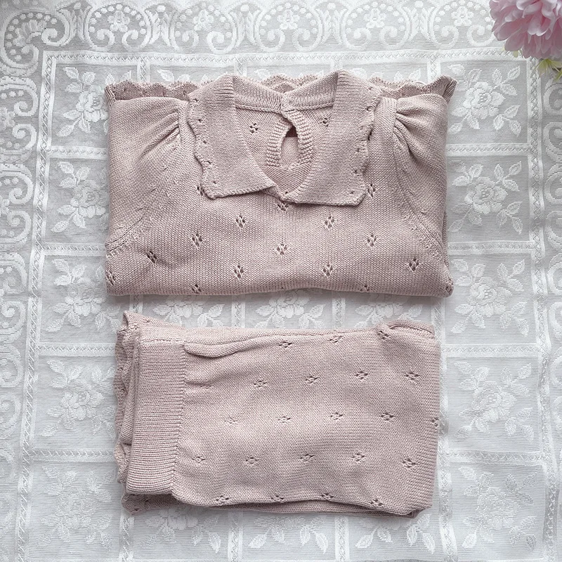 Organic Cotton Soft Pointelle Knit Spring Fall Clothes Set Toddler Children Girls Knitted Suits