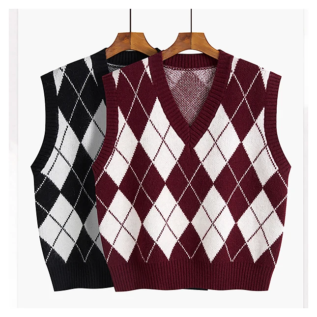 Женский жилет с v-образным вырезом, вязаный жилет с ромбовидным узором, корейский свитер, вязаный свитер на заказ, вязаный свитер для женщин