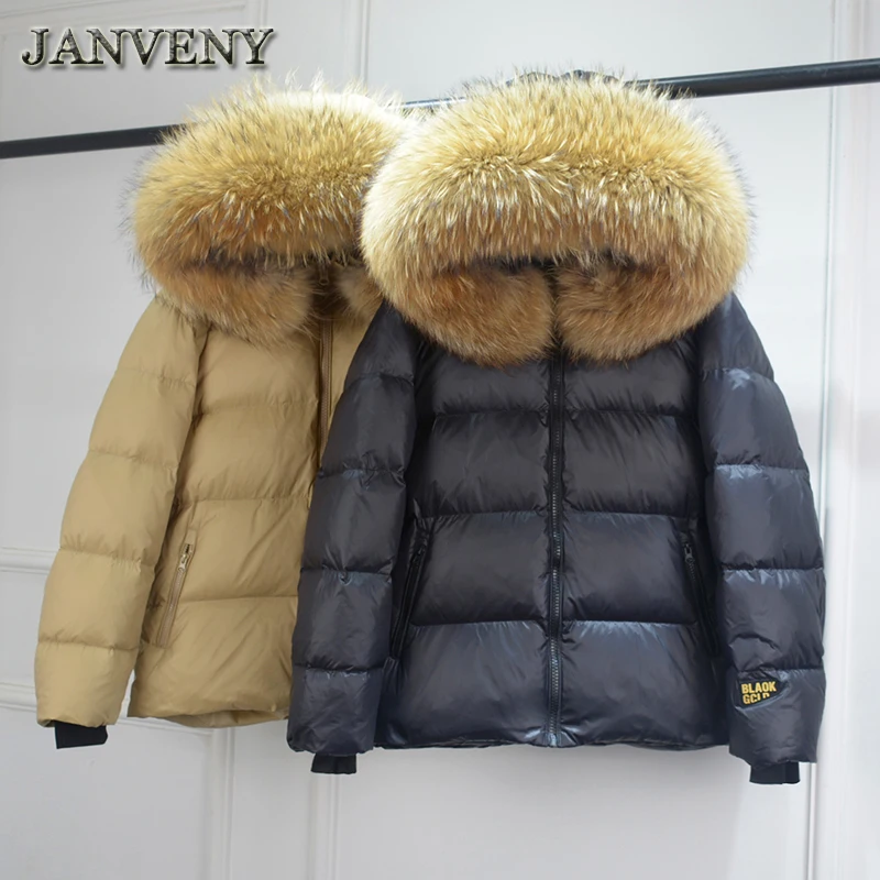 JANVENY Big Natural Raccoon Fur Hooded For Women And Man Winter 90% White Duck Down Jacket Short Puffer Fluffy Coat Female Parka