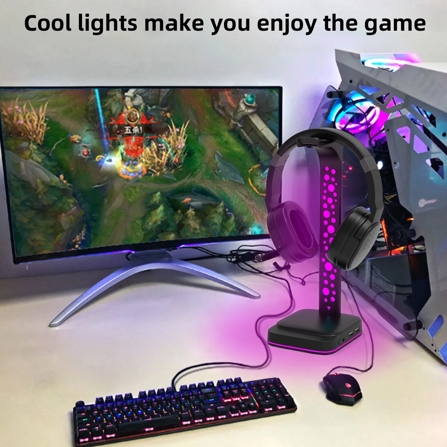 2022 NEW RGB Headphones Stand with 3.5mm AUX and 2 USB Ports Headphone Holder for Gamers Gaming PC Accessories
