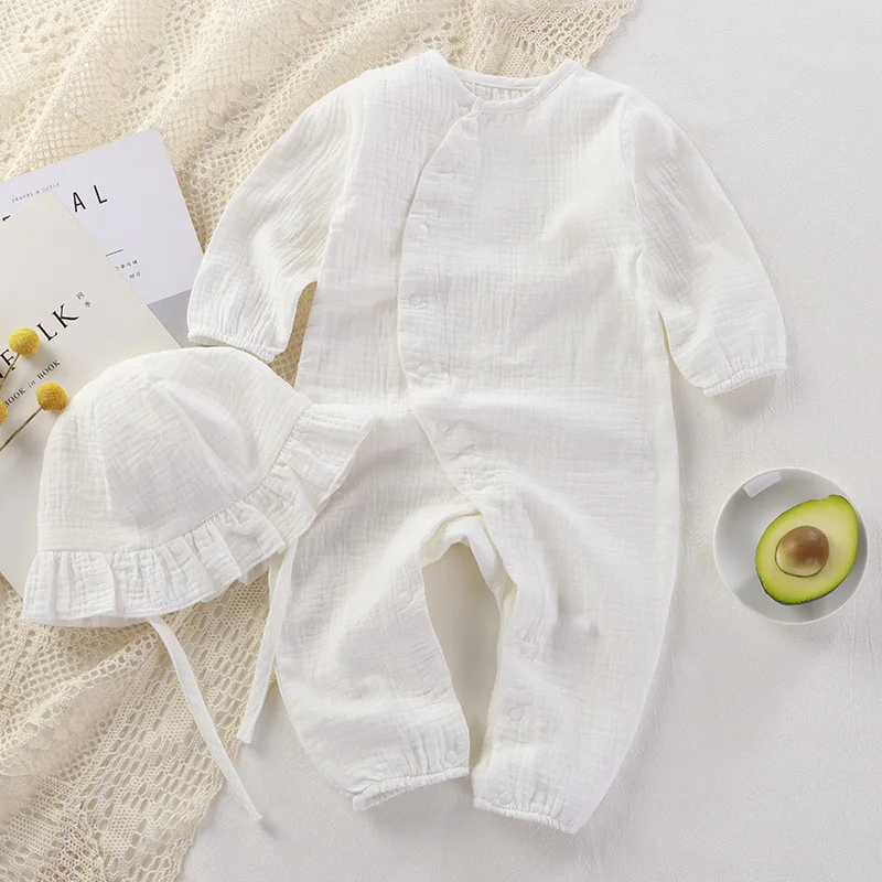 Wholesale White Long Sleeves Muslin Baby Onesies Clothing Set 2 Pcs Romper Europe with Matching Hat Muslim