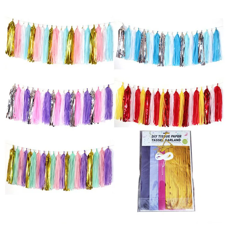 hot sale DIY 5 pcs /bag Foil Tassel Garland Baby Shower Birthday Party Wedding Wall Decoration Tissue Paper Fringe Tassels