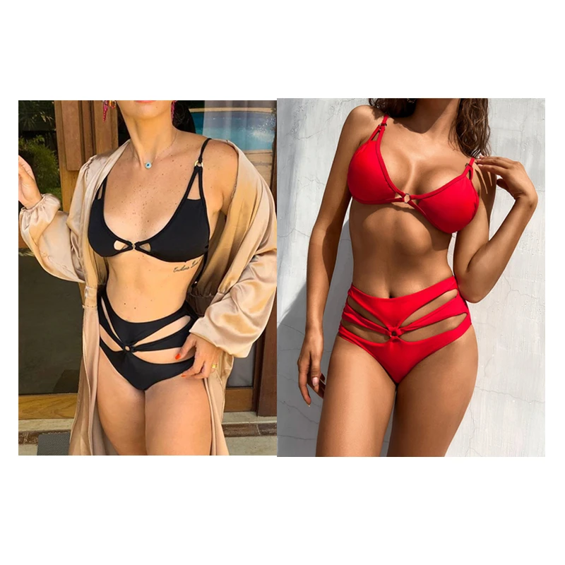 
wholesale high quality red black women high cut hollow cutout sexy 2 piece bikini swimsuit 