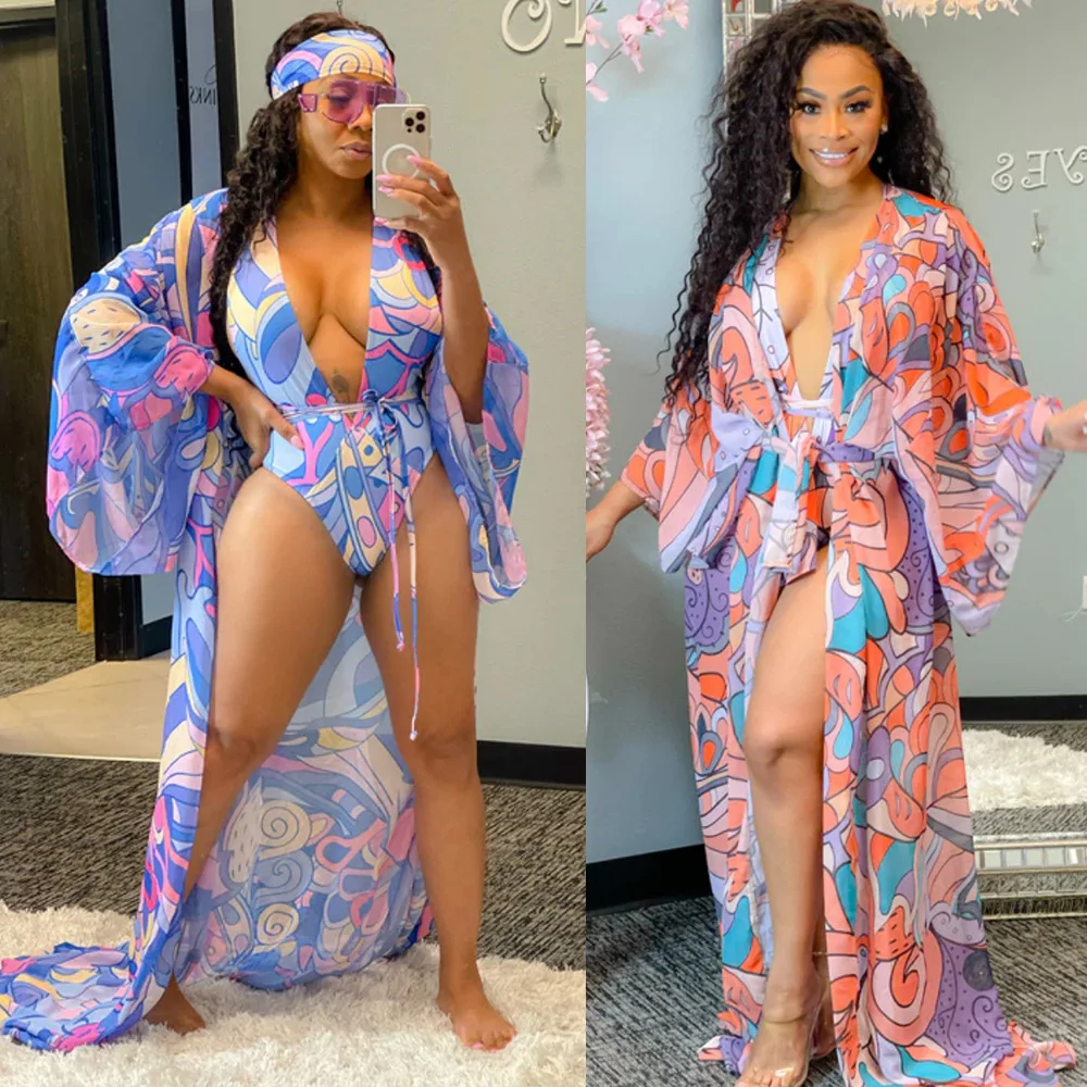 H2711 Woman Long Floral chiffon Fabric Blue Casual Beachwear Summer Orange Lace Kimono Sexy Maxi Dress